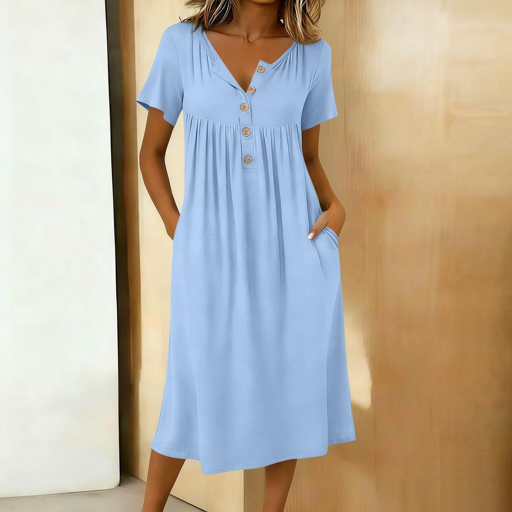 Women's Fashionable Color Round Neck Short Sleeved Button Neck Mid Length Casual Dress