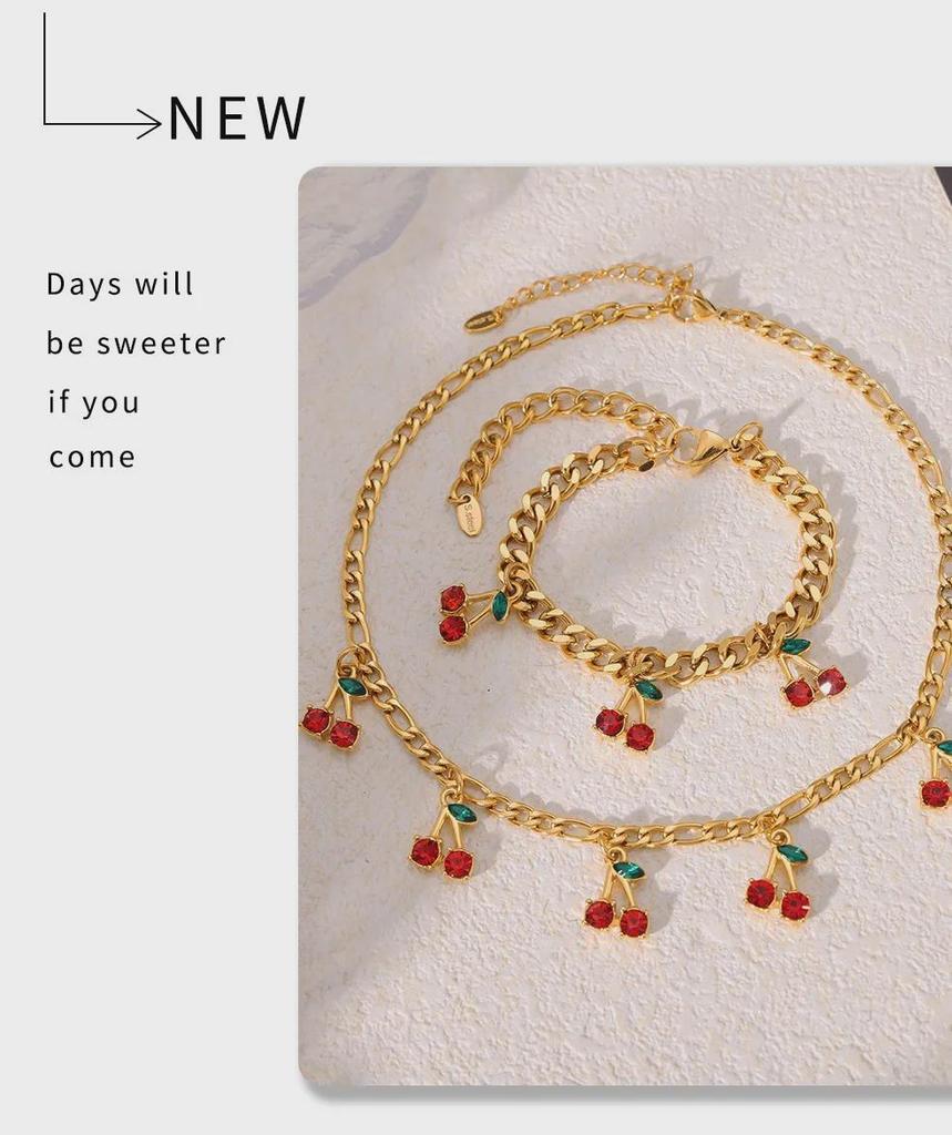 Szykowny zestaw biżuterii z czerwonymi czereśniami: Szklany Kamień Naszyjnik i Bransoletka