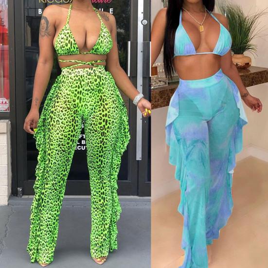 

Костюм с широкими штанинами и широкими штанинами с принтом тай-дай и оборками