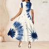 Women Plus Size Round Neck Short Sleeve Tie Dye Printed Blue White A Line Long Dress