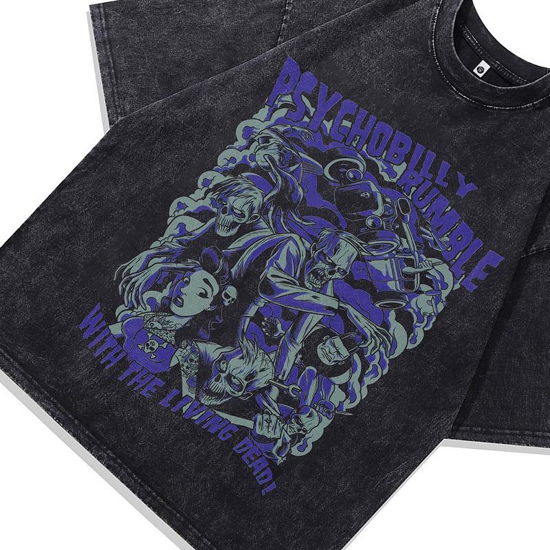 Washed Retro Old Skull White Ink Direct Injection Printing American Trendy Brand Casual Short-Sleeved T-Shirt For Men And Women