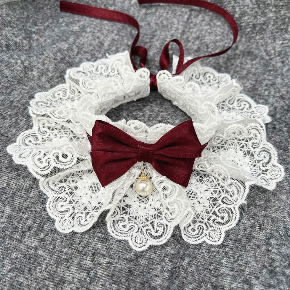 

Simulated Pearl Dog Collar Lace Wedding Party Cat Puppy Ribbon Scarf Pendant Pet Bow Necklac Kitten Bowtie Gift Accessories XS（old） вино красного