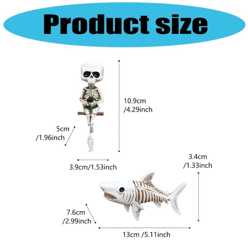 Pack Of 2 Skeleton Angler Shark Figurines Resins Ornaments Wall Mounted Gothic Decors For Interior Or Fish Tanks Theme