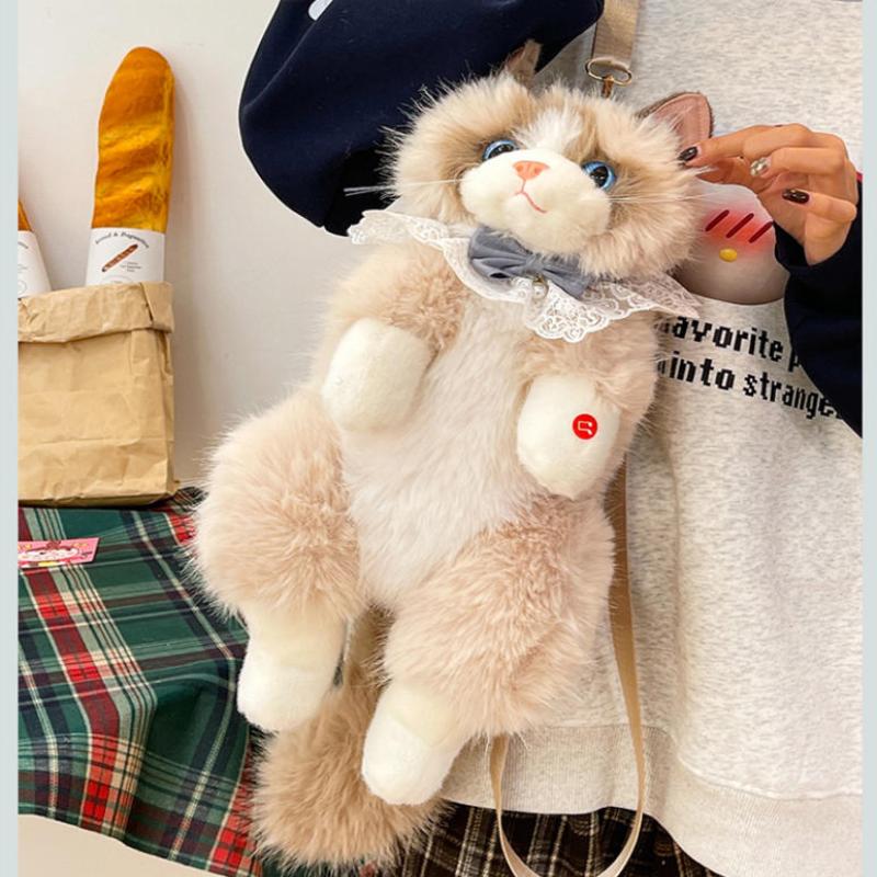 1Pcs Lolita Cartoon Personality Backpack With Sound Women Cat Plush Doll Small Capacity Daypack Cute Realistic Ragdoll Backpack