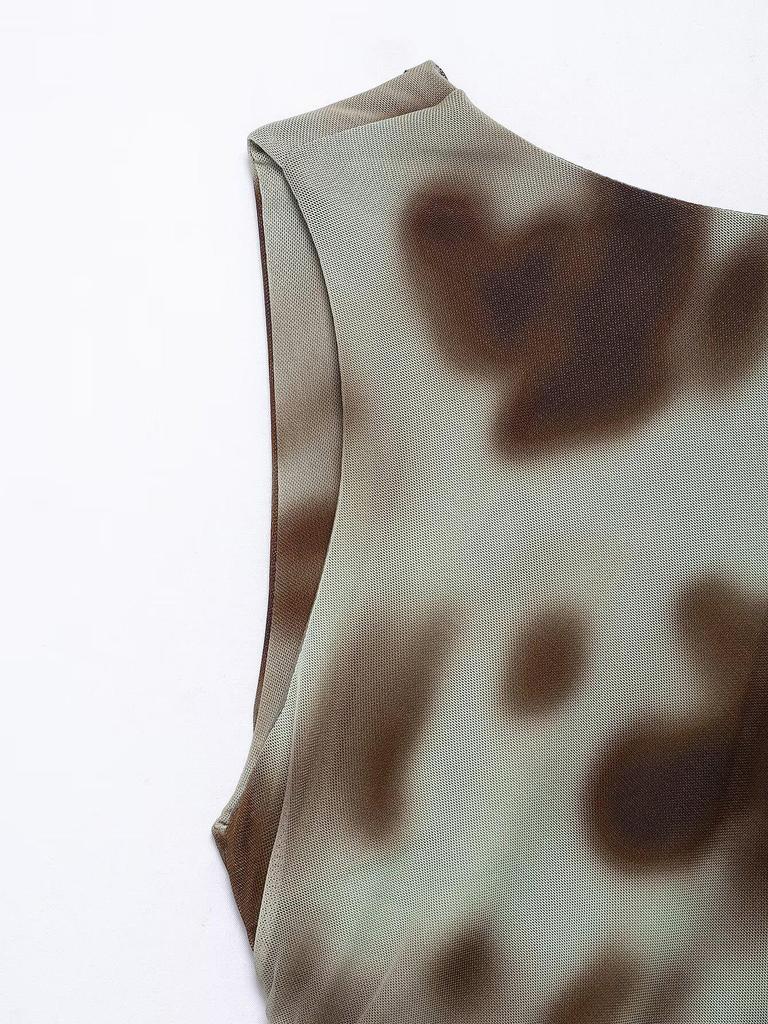 2025 Spring Women's European & American Pleated Print Sleeveless Midi Dress