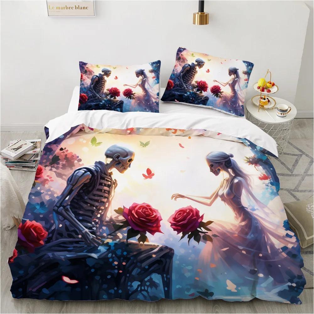 Skull Rose Duvet Cover Set, Gothic Skeleton Bedding Set, Soft Microfiber Quilt Cover Pillowcase, King Queen Size