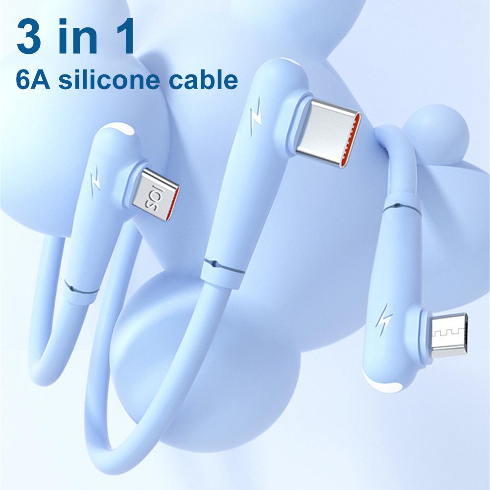 3-in-1-Datenleitung aus Flüssigsilikon, 66 W, superschnelles Laden, 6 A, Ellenbogen-Datenkabel für Mobiltelefone, unterstützt gleichzeitiges Laufwerk mit 3 Anschlüssen