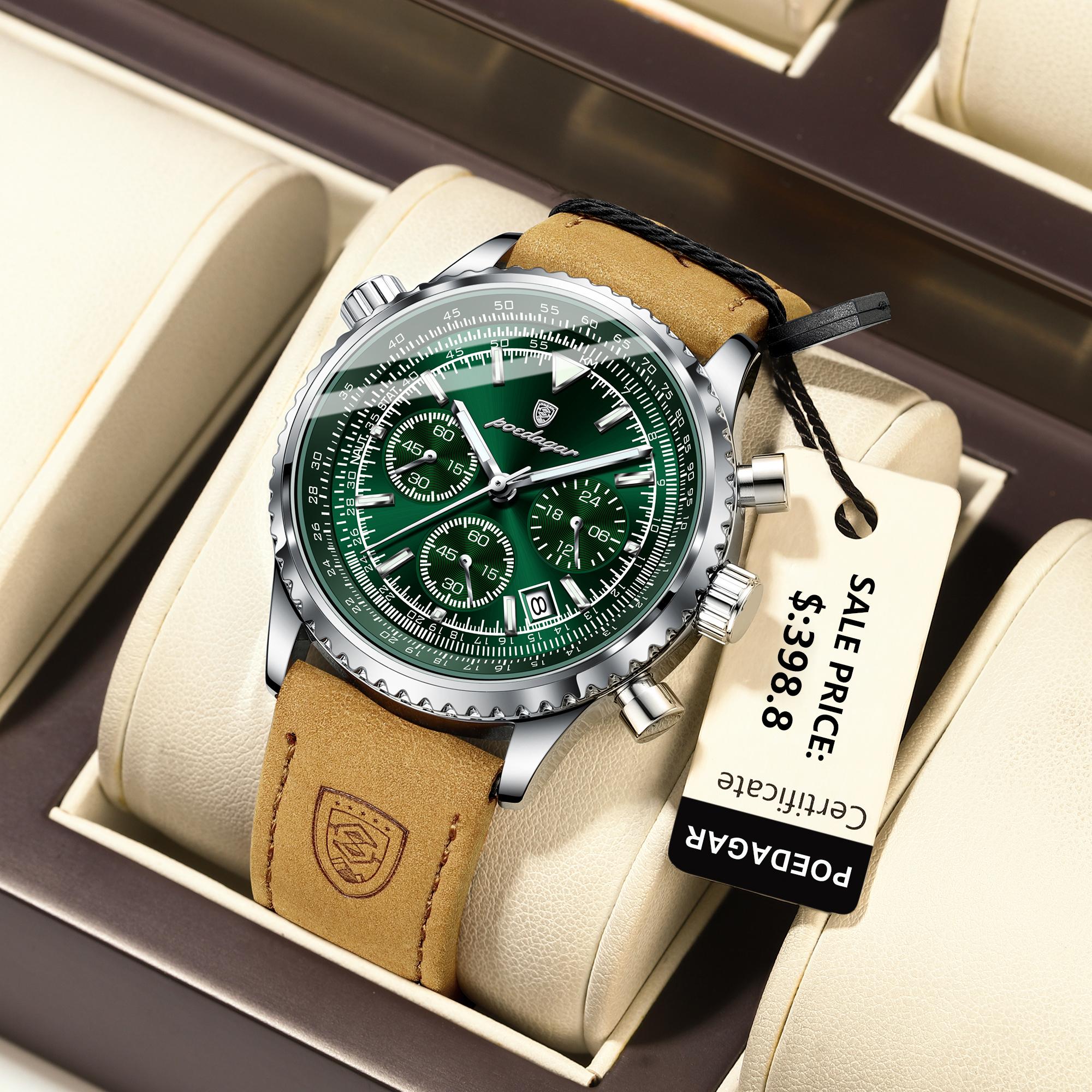 

Men s Chronograph Quartz Watch, 3ATM Waterproof Leather Strap Wristwatch with Green Dial & Luminous Hands