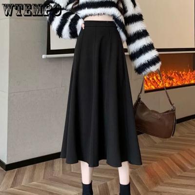 חצאית צמר לנשים קוריאנית סתיו וחורף מותן גבוה חליפה מחטבת חצאית ארוכה נשפכת חצאית מידי