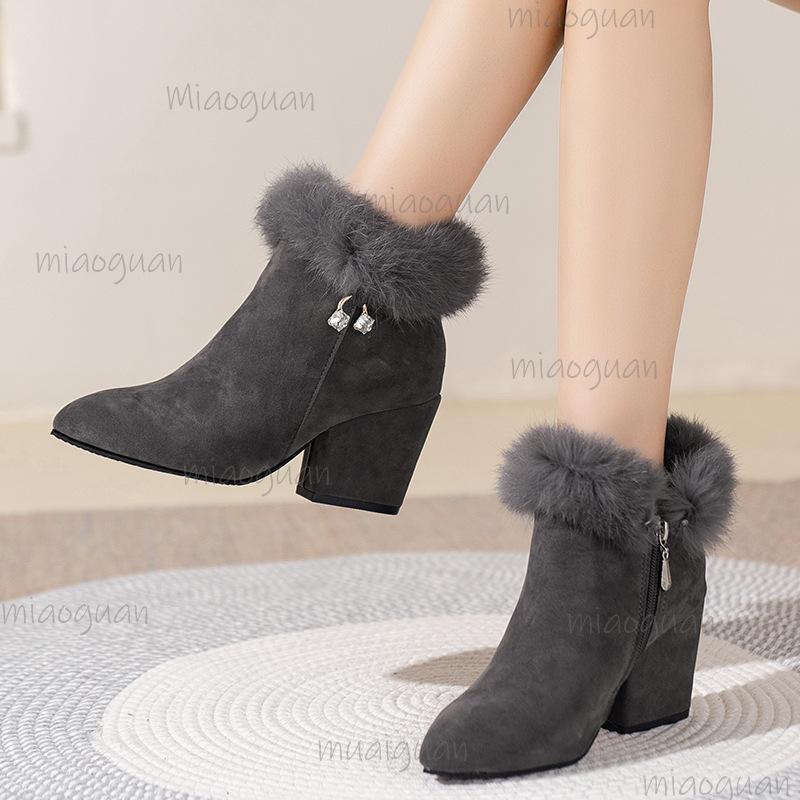 Women's Winter Furry Pointed Toe Chunky Heel Ankle Boots Mid Heel Fashion Warm Plush Short Boots Comfortable Casual Booties