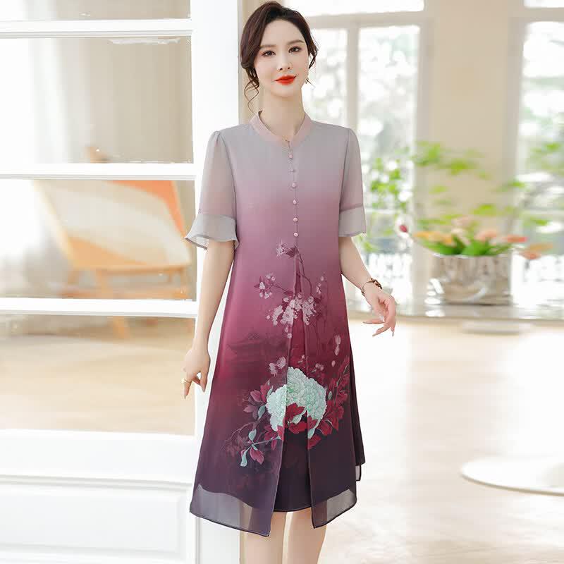 Yalu Women s Elegant Chinese Style Gradient Print Dress for Mothers L