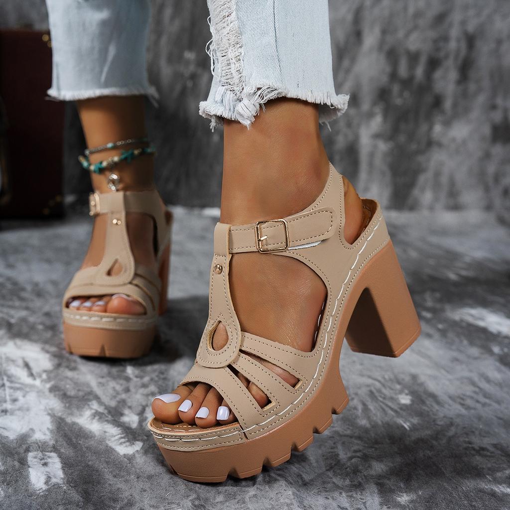 New Ethnic Style Roman Style Sandals with Summer Thong High-heeled Shoes with Velcro, Casual European and American Thick Heel High-heeled Shoes