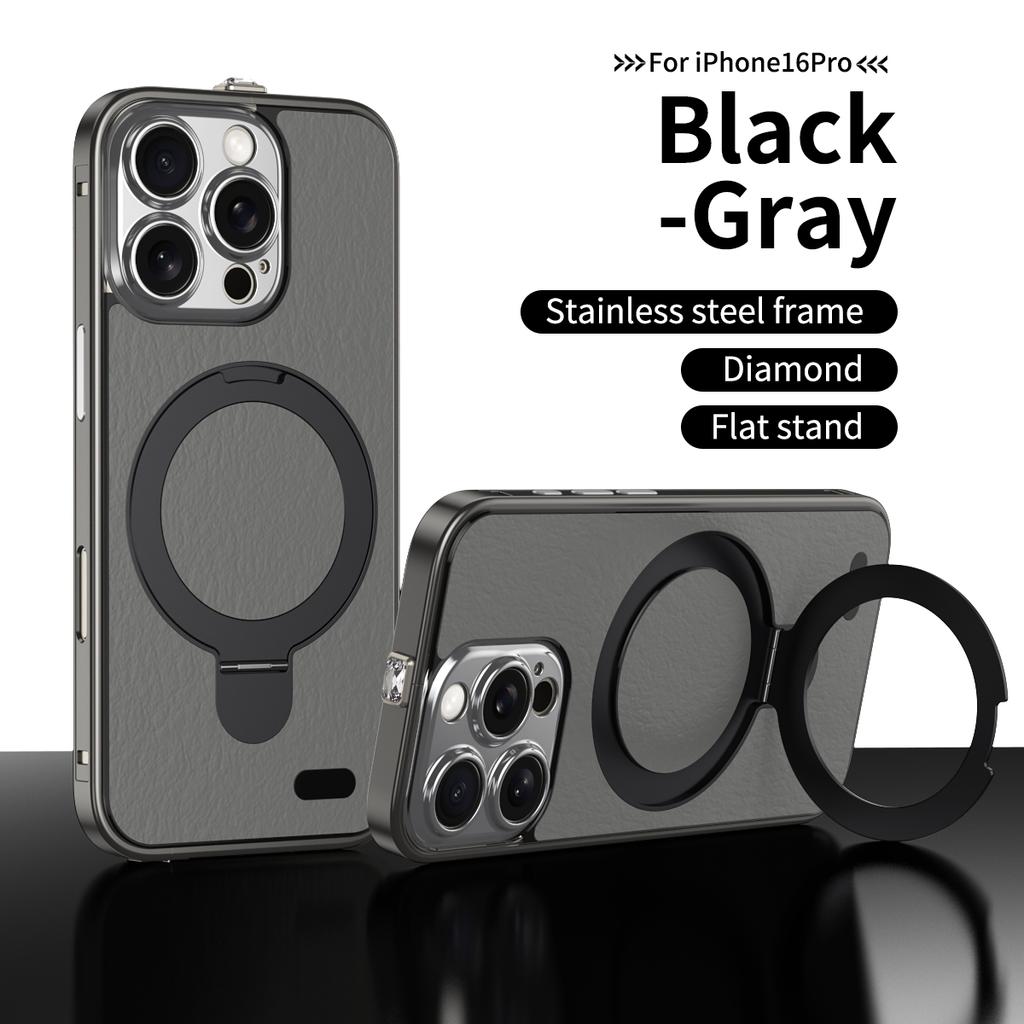 Luxury Aluminum Alloy Leather Magnetic Stand Phone Case For iPhone 16 15 Pro Max Magsafe Wireless Charging Metal Lens Frame Cover