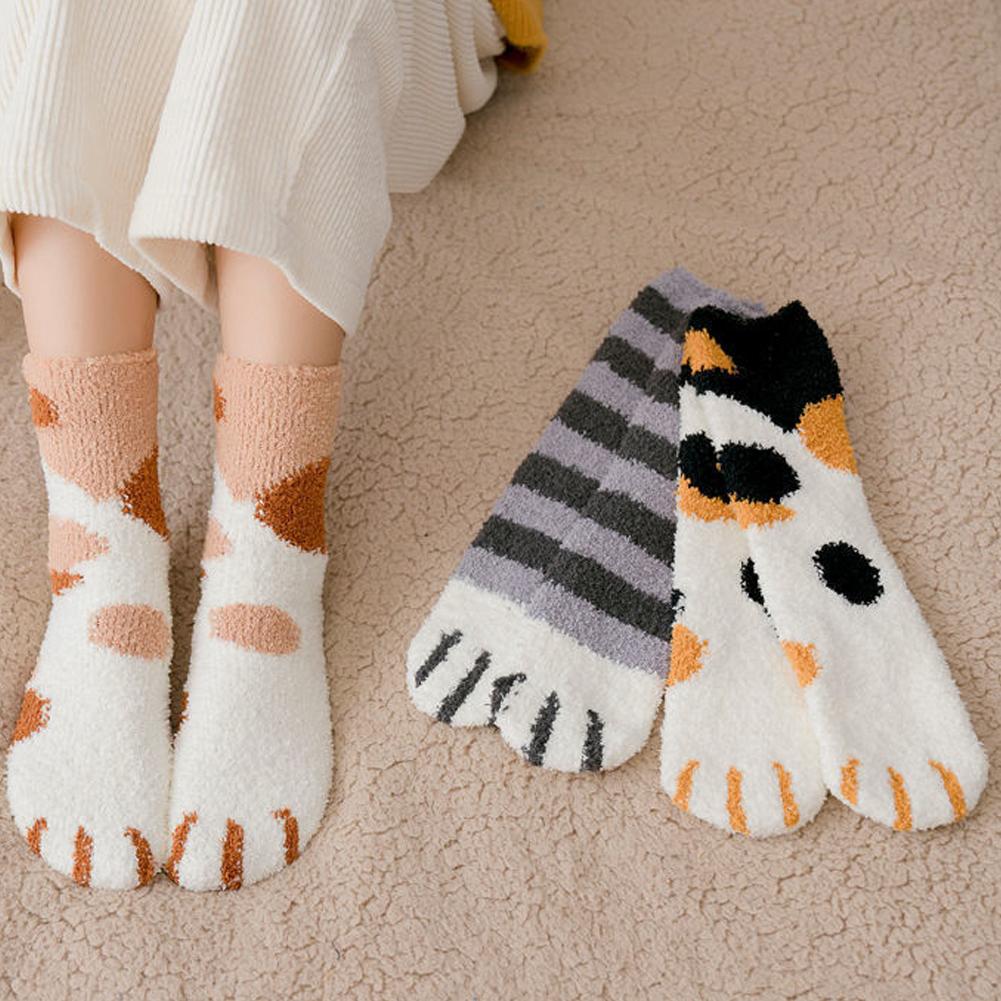 Autumn Winter Coral Velvet Socks Funny Cute Style Animal Cat Paw Cartoon Pattern Women Cotton Socks Home Floor Socks