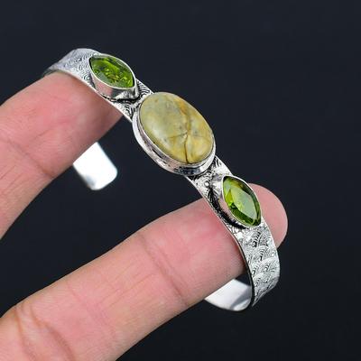 Natural Polychrome Jasper Gemstone Bangle Adjustable 925 Sterling Silver Jewelry