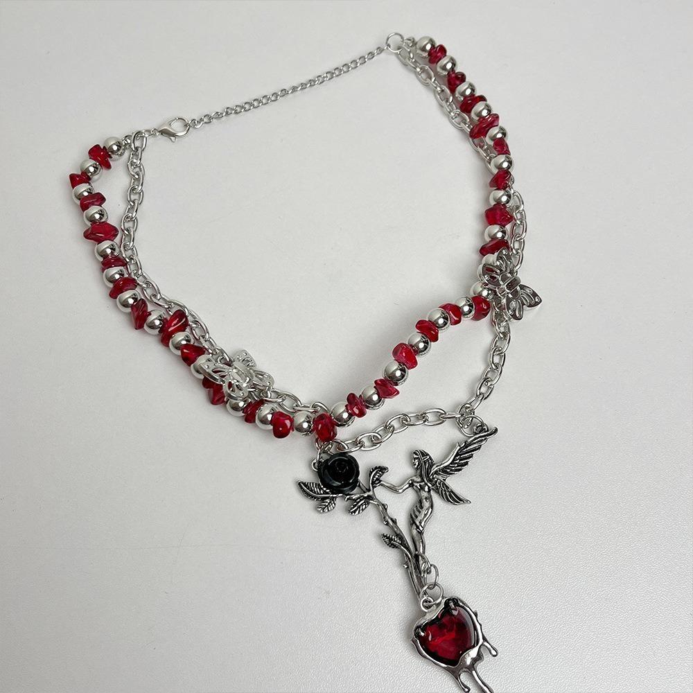Angle Gothic Multilayer Necklace Heart Pendant Clavicle Chain Choker Crystal Beads Necklace  Gifts