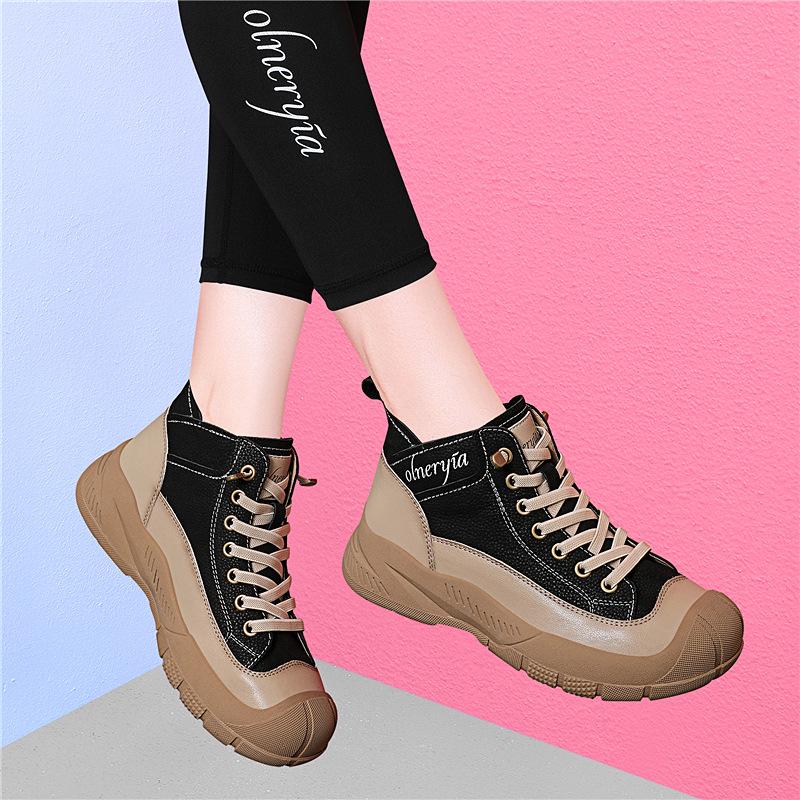 Golden Rabbit Genuine Leather High-Top Thick-Soled Women's Sneakers - 2025 Autumn/Winter Round-Toe Lace-Up Sports Casual Shoes.