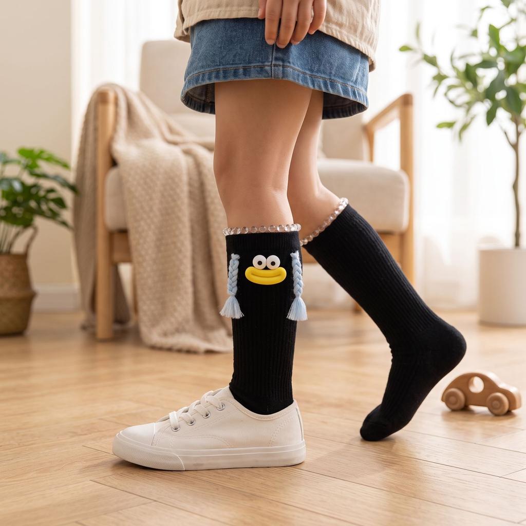 Girls' Colorful Long Tube Socks with Fun Design for Daily Wear