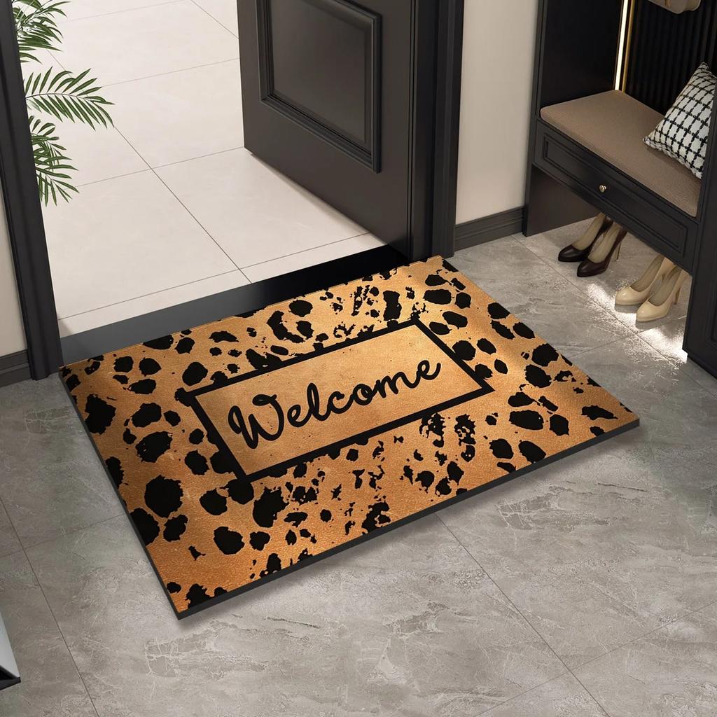 Leopardenmuster Willkommens-Eingangs-Fußmatte Waschbar Innen Außen Bodenmatte Rutschfest Flur Badteppich Heimdeko Teppich