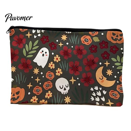 Waterproof Canvas Bag Storage Bag, with Halloween Pattern Printed, Smooth Zipper Themed Organizer Makeup Large Capacity Travel Cosmetic Pouch