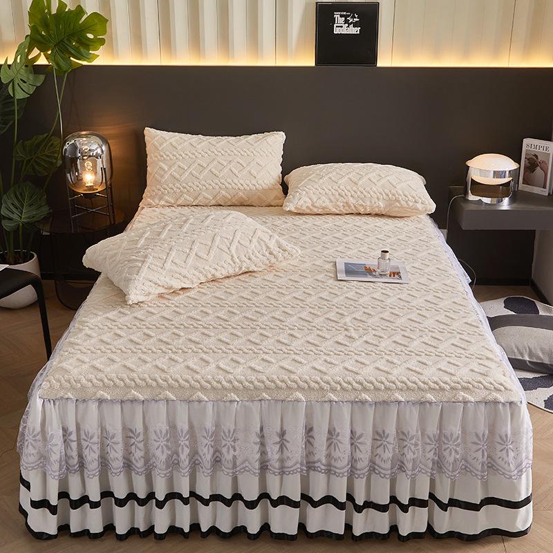 Thickened Taffeta Bed Skirt Set: Korean Style Lace Bedspread & Mattress Cover (3-Piece, Solid Color)