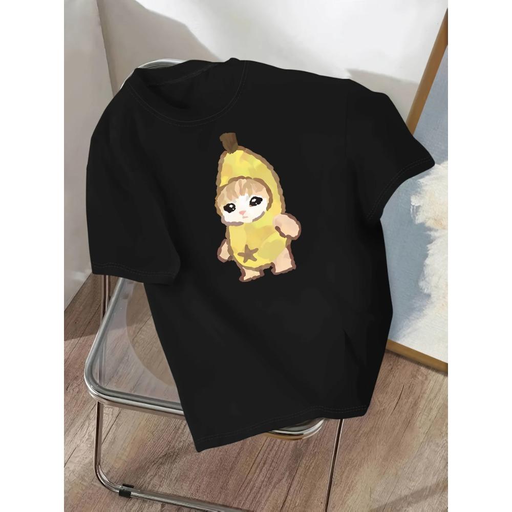 Women's Casual Sleeve with Cute Banana Cat Print Stretch Round Neck Summer Short Sleeved Streetwear Tops
