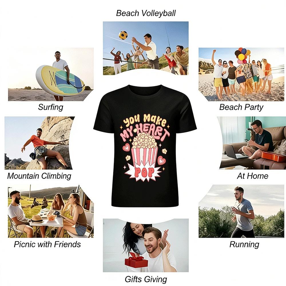 You Make My Heart Pop Popcorn Graphic Casual Tee Pure Cotton T-shirt