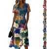 Damen V-Ausschnitt Kurzarm Freizeitkleid Hawaiianischer Druck Sommer Midi-Kleid Elastische Taille Strandkleidung