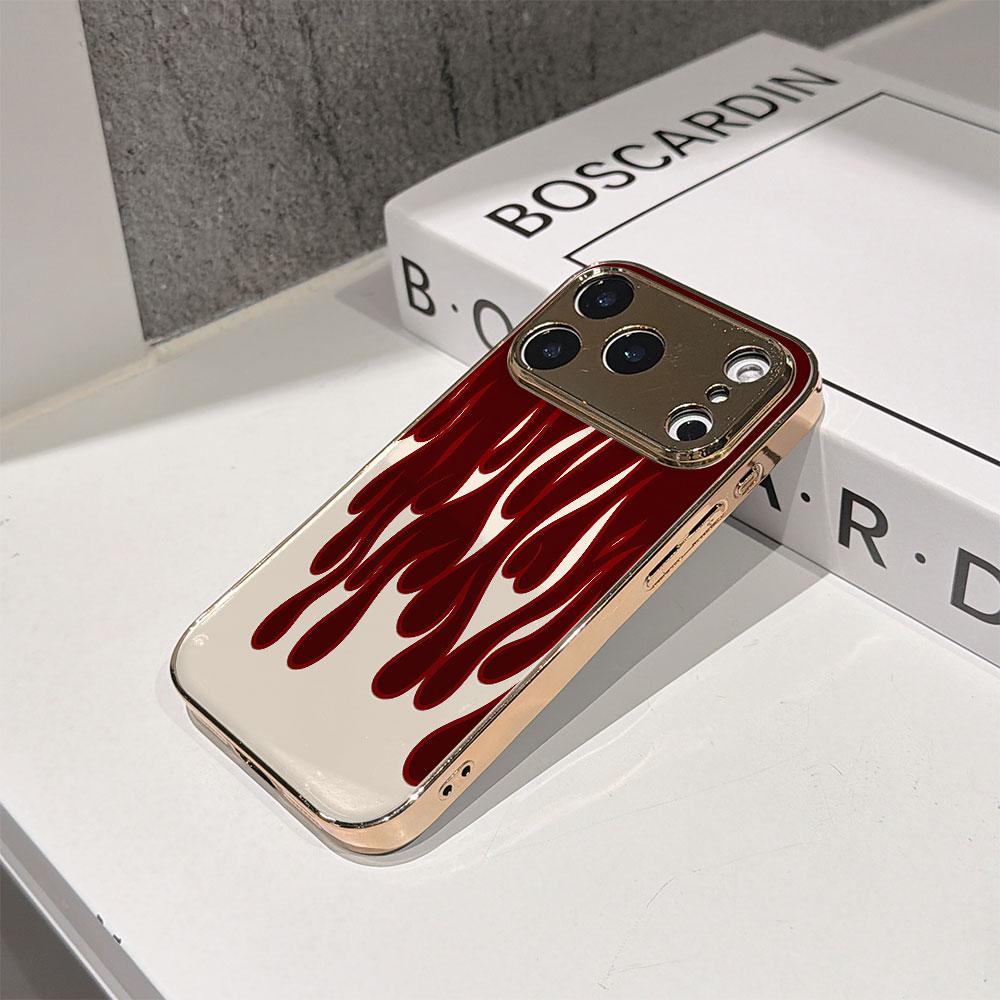 Lucky Start Phone Case For iPhone 17 16 15 14 13 12 11 Pro Max 16E Gold Electroplated Glass Shell Burgundy Flames Cover