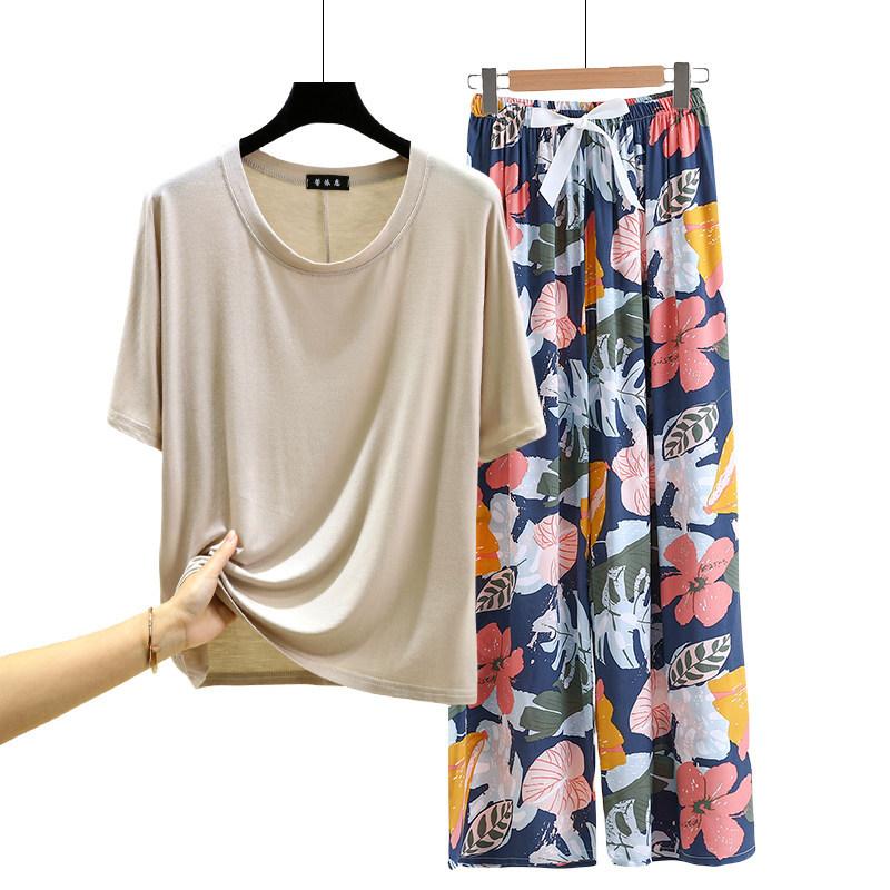 T-shirt girocollo in modal con pantaloni a gamba larga floreali in popeline Set pigiama estivo sottile Tuta casual larga per dormire Loungewear comodo tutto da abbinare