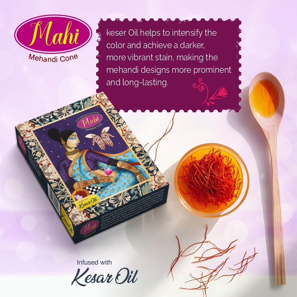 Mahi Mehandi Kegelpackung 1 Stück ( 25g X 12 Kegel) Mit Safranöl für langanhaltende dunkle Henna-Tattoo-Kunst