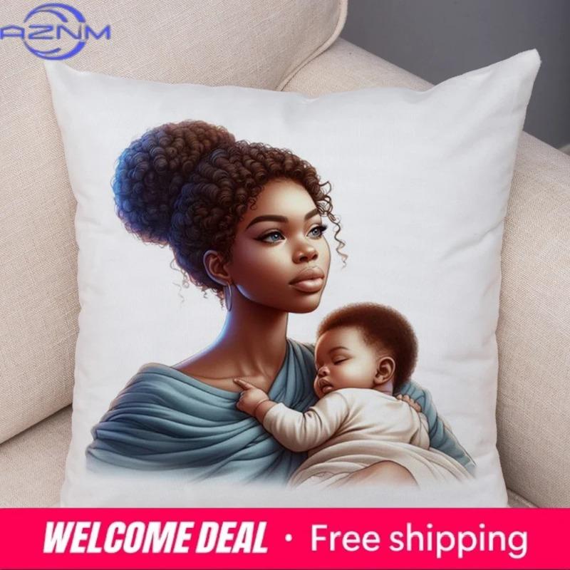 Africa Mom And Baby Pillow Case Decor Cartoon Beautiful Black Women Cushion Cover For Sofa Home Short Plush Pillowcase 45X45Cm