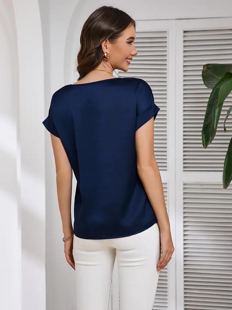 2025 Women's Summer Glossy Solid Color Short Sleeve Loose T-shirt