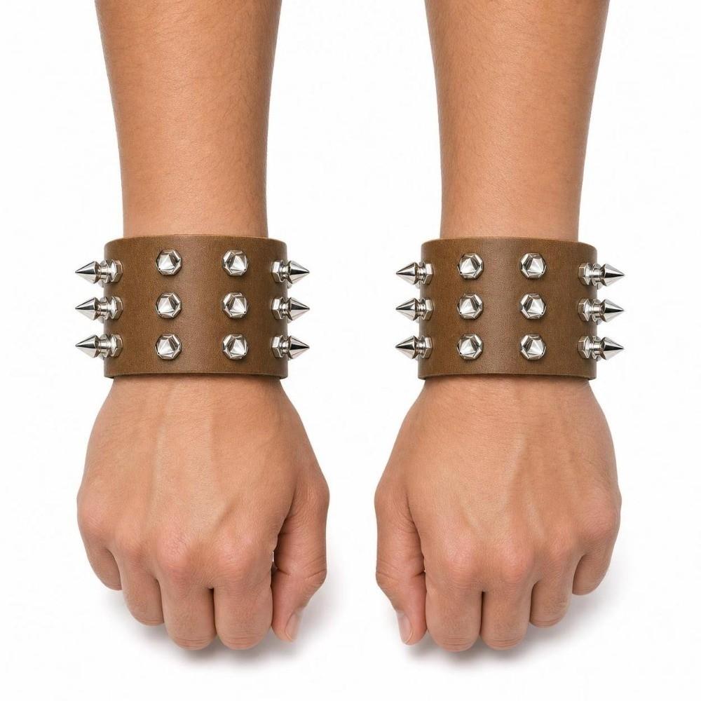 2pcs/set Adjustable Punk Goth Bracelet Wide PU Leather Bangle Leopard Wristband  Harajuku