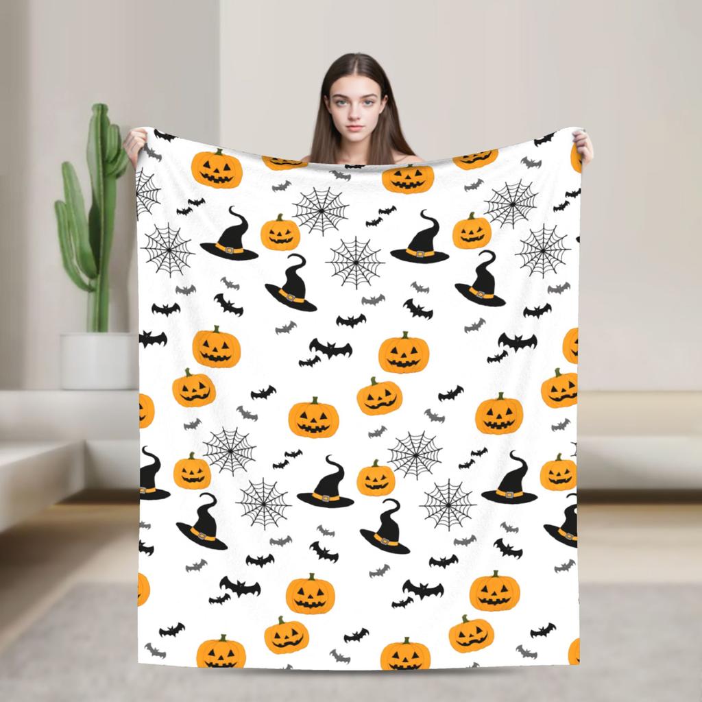 Halloween Blankets Fleece Textile Decor Witch Hat Black Bat Pumpkin Breathable Soft Throw Blanket for Bed Outdoor Quilt