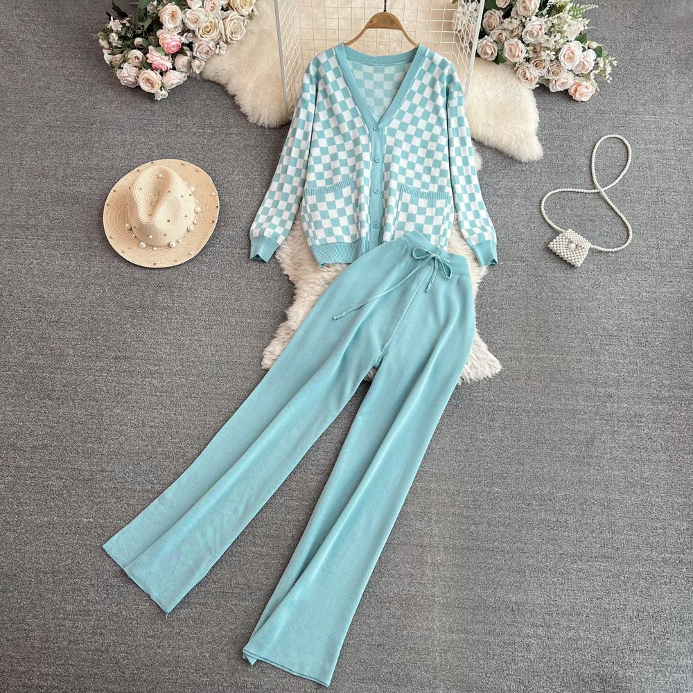 Herbst Vintage Marke Plaid Gestrickte Pullover Hose 2 Stück Set Frauen Trainingsanzug Einreiher Mantel + Knöchel Länge Hosen Outfits