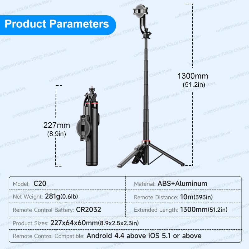 TOKQI C20 Magnetic Selfie Stick Tripod for iPhone Magsafe Hidden Clamp 1/4" Thread Compatible Android Smartphone Action Camera 7