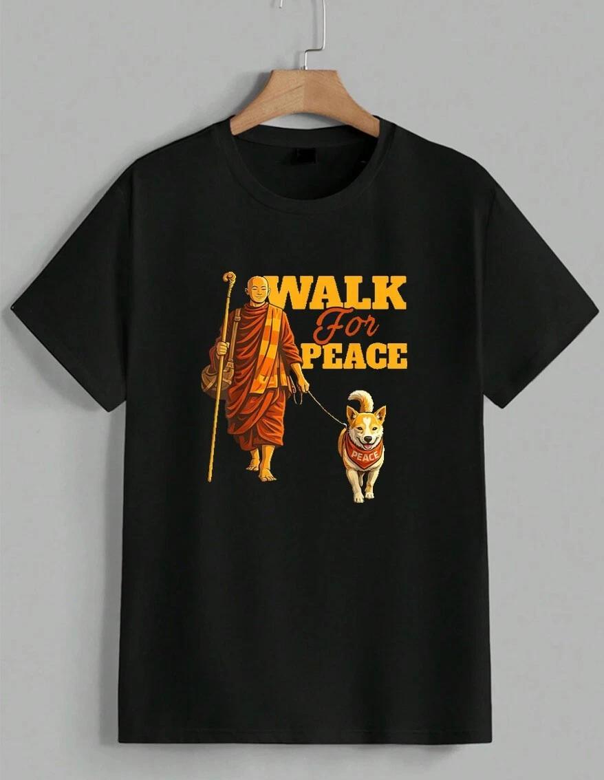 Walk For Peace Monks With Aloka Dog T-Shirt Buddhist Zen Art Graphic Tee Unisex S