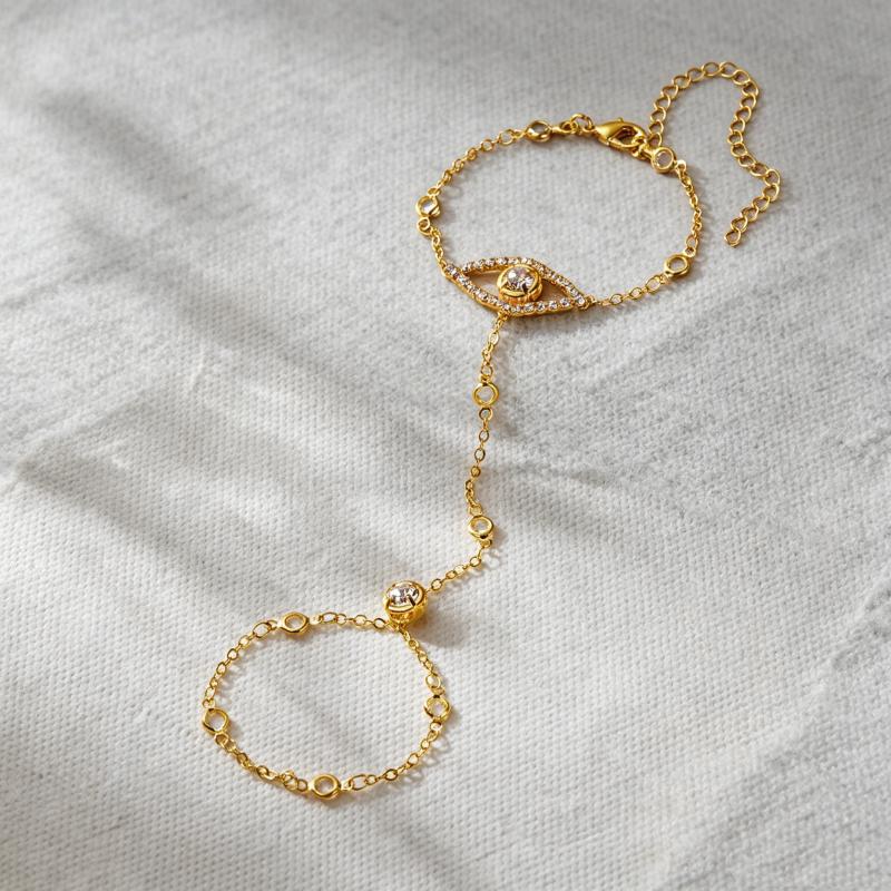 French Vintage Eye Copper Zirconia Finger Chain Women'S Elegant Design Ring Bracelet Luxury Fashion Hand Jewelry Gift