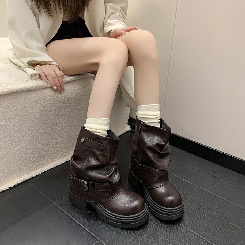 

Ботильоны на каблуке-клыке в стиле ретро, женские, новинка 2025 года, весенне-осенние ботинки Merard, универсальные ботинки с подкладкой, ковбойские ботинки 40 коричневый