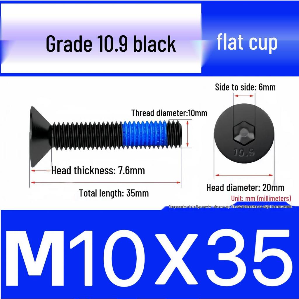 Black Anti-Slip Flat Cup Screw with Adhesive Blue Glue, Countersunk Hexagon Socket, Available in M2-M8 Sizes