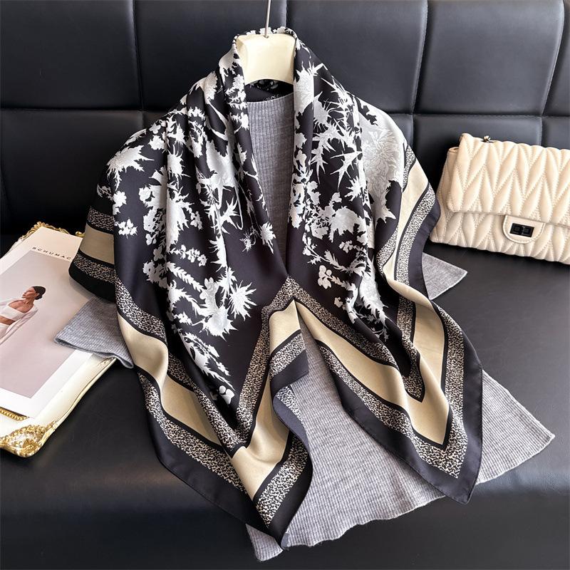 New Korean version oblique silk pattern large square scarf 91 fashionable versatile printing imitation silk dust-proof shawl headscarf women