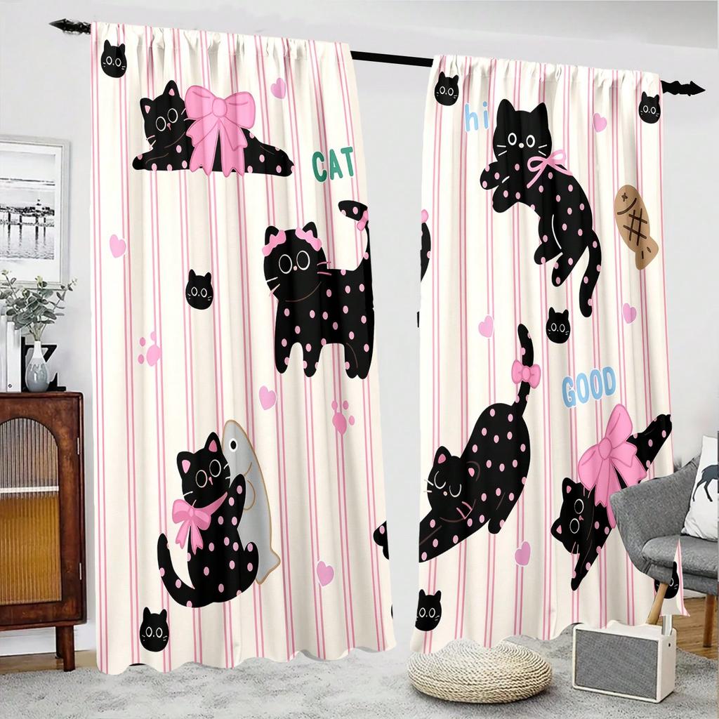 2pcs Striped Cat Print Semi-Sheer Blackout Curtains With Rod Pocket   White Background   Polyester Fabric   Fade-Resistant   Machine