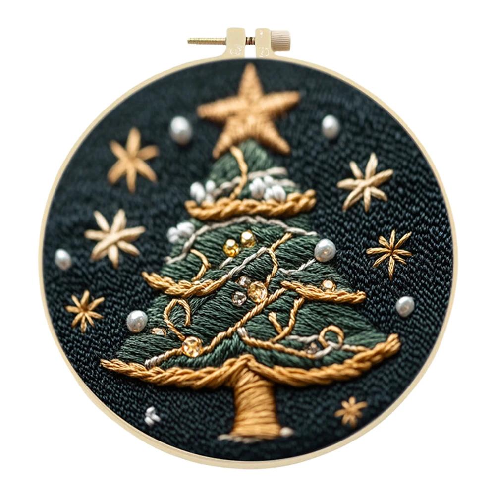 Christmas Tree Stamped Cross Stitch Embroidery Kits with Hoop Cloth Color Thread