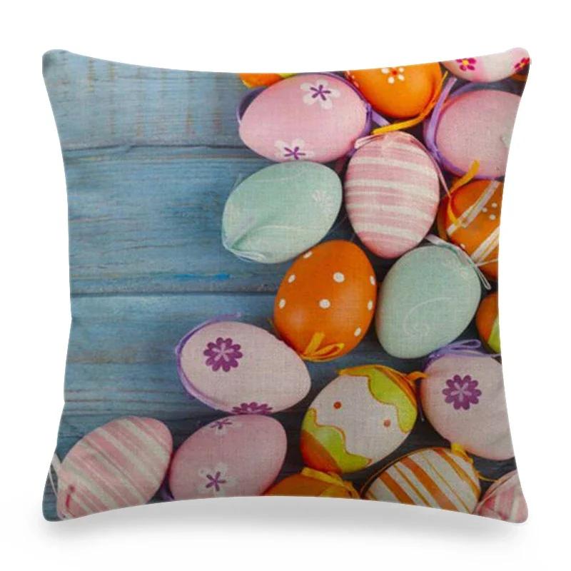 Easter Cushion Cover Cute Bunny Eggs Printed Pillow Covers 18x18 Inches Easter Decorations Hare Rabbit Flower Linen Pillowcase