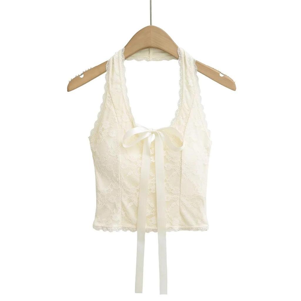 American-Style U-Neck Halter Bow Camisole with Chest Pads - Women's Lace Jacquard Slimming Top