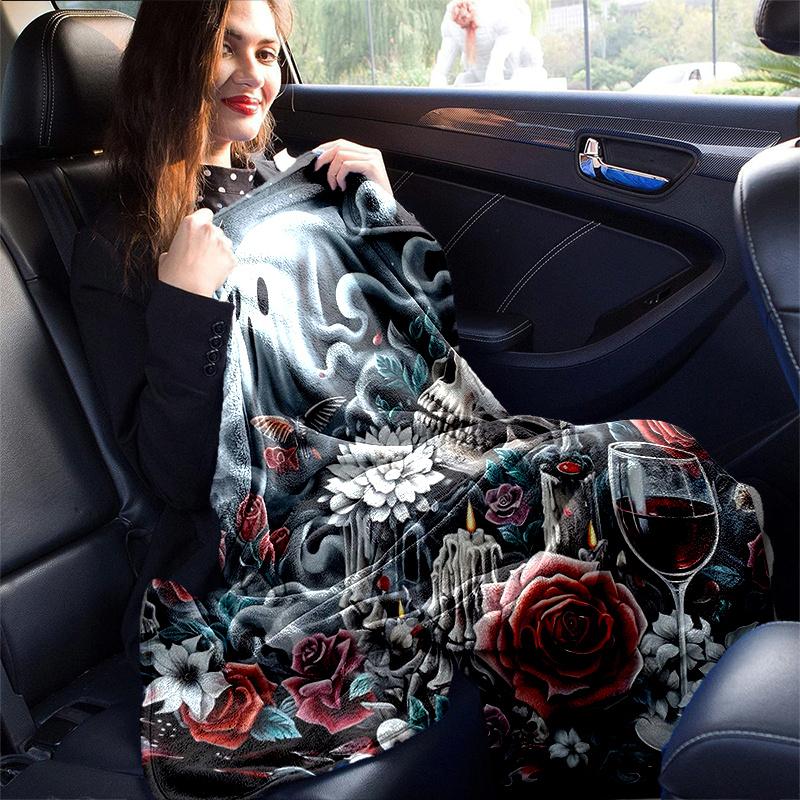 1pc Skulls Roses Candles and Wine Blanket Soft Throw for Home Decor, Gift Idea for and , Living Room .K085