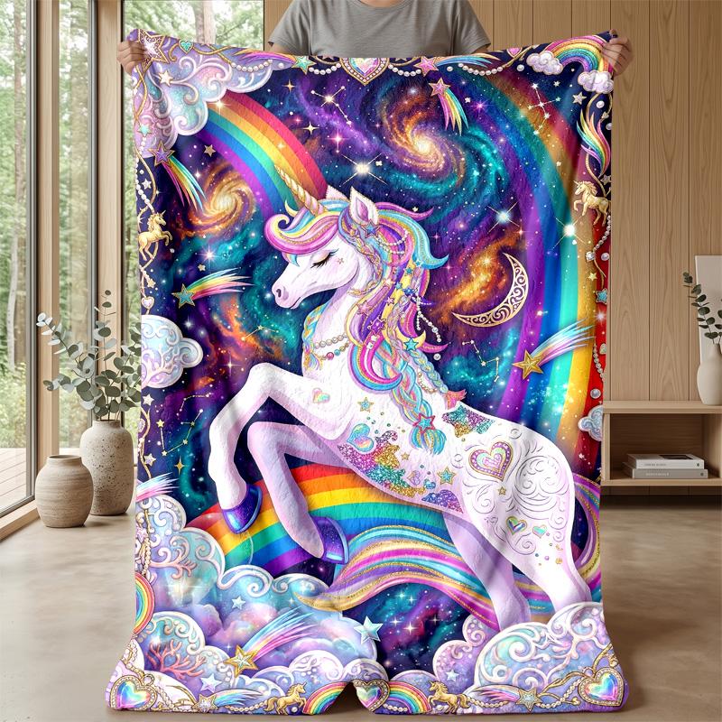 Rainbow Unicorn In Galaxy Theme Blanket Lightweight Warm Flannel Blanket Decorative Throw Blanket for Home Decoration