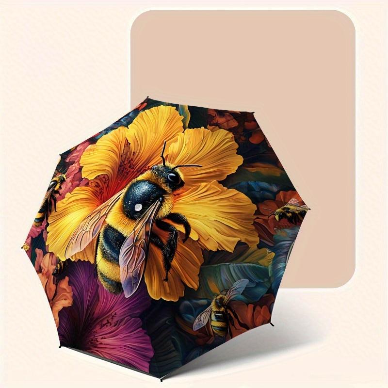 

Women s Automatic Umbrella with Cute Bee & Flower Pattern - Pink/Yellow/Green/Brown/Blue/Purple - 8-Rib Heavy-Duty Automatic O (as the picture,Iron&8K)