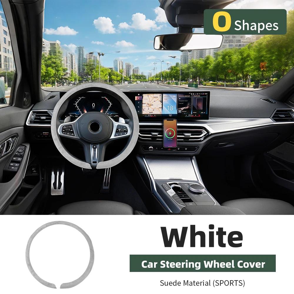 Car Steering Wheel Covers Cowhide Suede Steering Wheel Cover Wrap Universal 37-38cm Breathable Steering Covers Car Accessories O Shape White